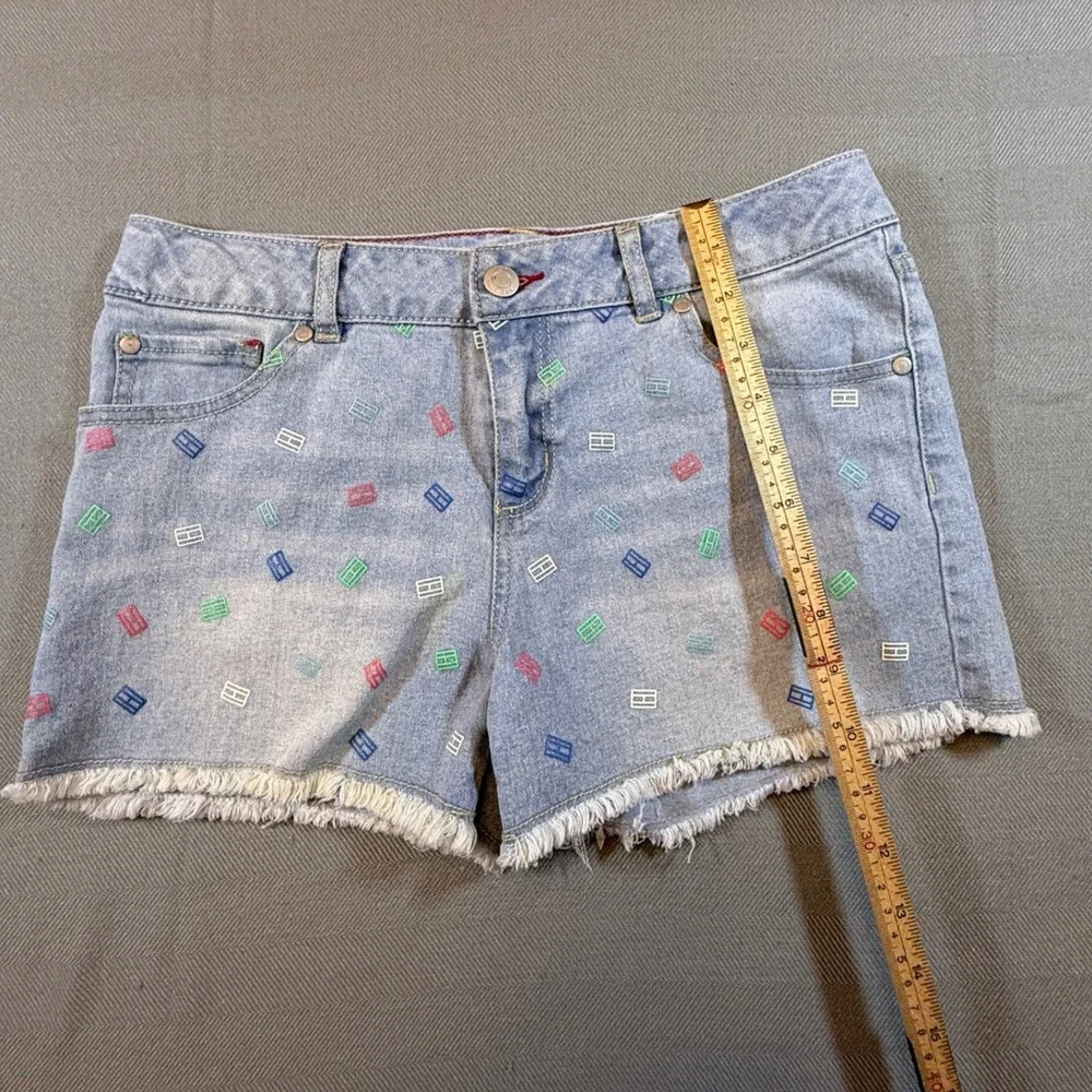Tommy Hilfiger Girl Size 16 Light Wash Embroidered Flag Denim Shorts Cutoff 2069